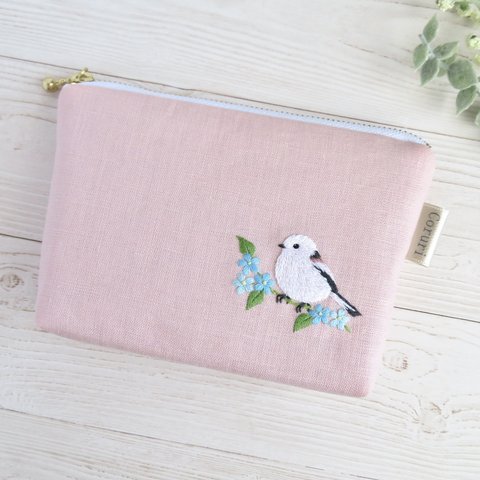 シマエナガとお花の刺繍小さめリネンポーチ【桜ピンク】