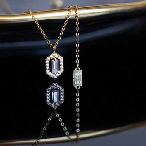 【Sterling Silver925】Art Deco Long Hexagon Pave CZ Necklace