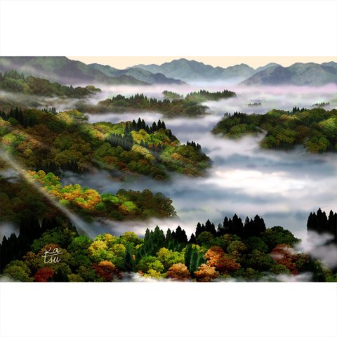 「山並み３題」ポストカード　３点セット　朝霧　緑の響き・熊野　秋の渓谷