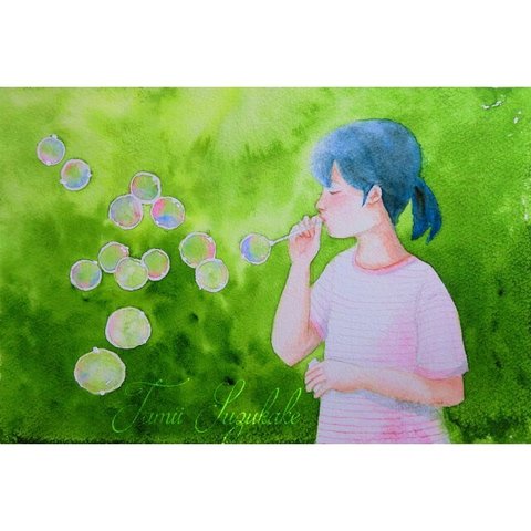 水彩画・原画「シャボン玉を飛ばす少女」