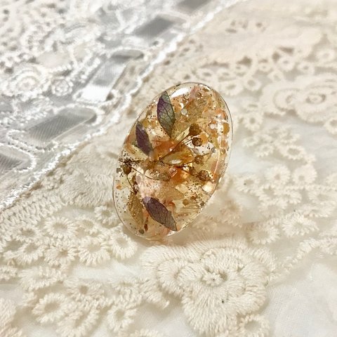 紫陽花&かすみ草&スターチス🏵レジンリング💍指輪  オレンジ ゴールド  オーバル