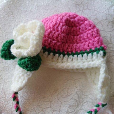 ブライス＆アイシードール用　ニット帽子　ピンク＆白薔薇　手編み　ハンドメイド