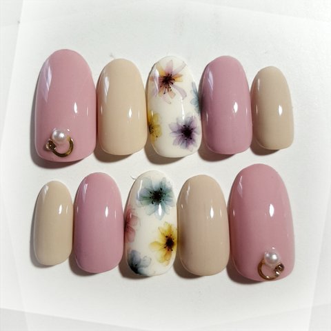 押し花ネイルチップOrchid×Beige