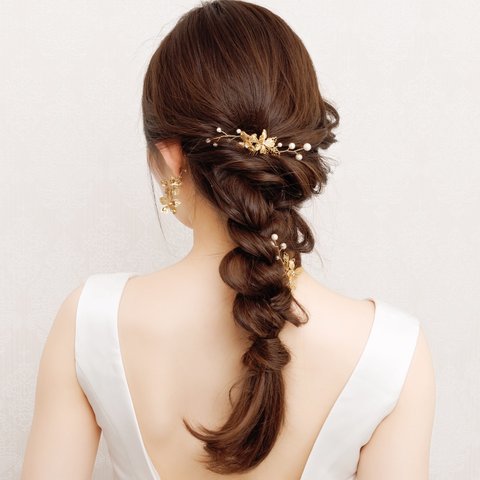 MA156 小枝　バックカチューシャ　ゴールド ビジュー 花ピン リーフヘアアクセサリー 髪飾り ヘッドドレス ヘッドアクセ ウェディング 結婚式　前撮り　フォトウェディング