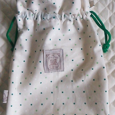 緑水玉模様の巾着袋（送料無料）