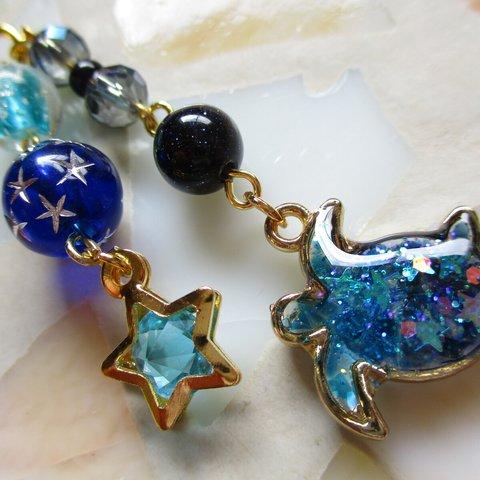 ◇1900再販２ 🌠オーロラの流星群　蒼い銀河のホヌ　ストラップ・バッグチャーム🐢🌟 