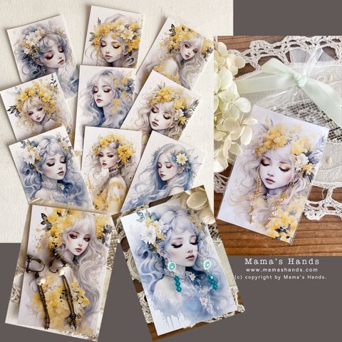 おしゃれな ミモザ 花 & 美しい女性 のイラスト アート アクセサリー 台紙 メッセージカード 9枚