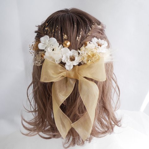 O8 オーガンジーリボン　ドライフラワー　髪飾り　ゴールド　白　桜　卒業式　袴　成人式　振袖　結婚式　