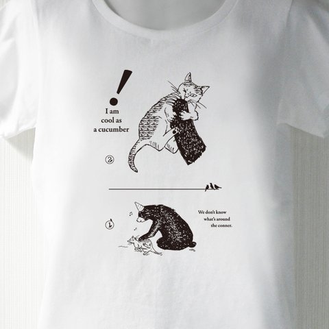 猫と熊 白Tシャツ（インク：黒） メンズ レディース 5サイズ