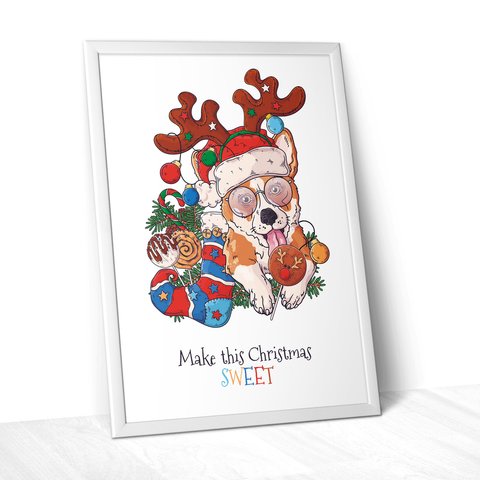 【A3ポスター】X'mas犬 "クリスマス飾りインテリア雑貨アート"