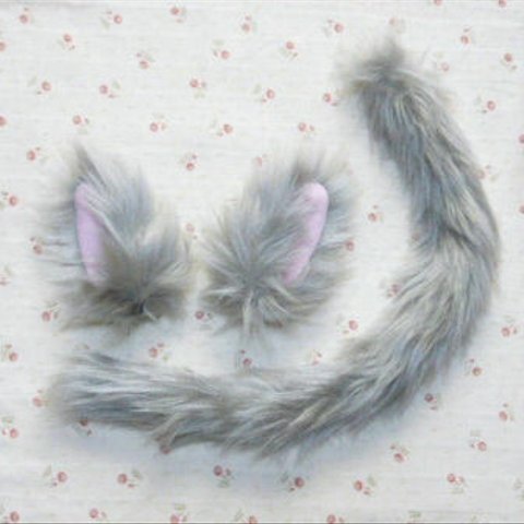 <受注製作>グレー猫耳(横向き・長毛)としっぽのセット