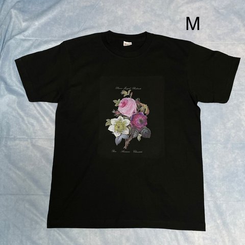 ルドゥーテ　植物画　バラ・アネモネ・クレマチス　綿TシャツMサイズ 黒