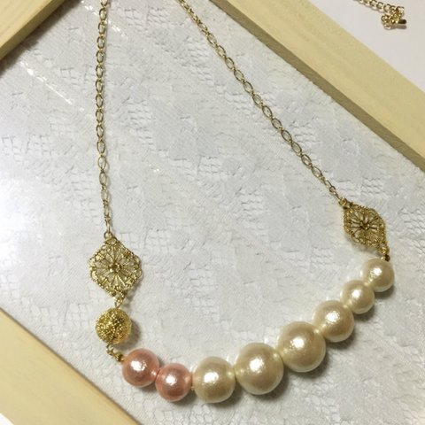 ☆sale☆コットンパール連なるアシメトリーチェーンネックレス