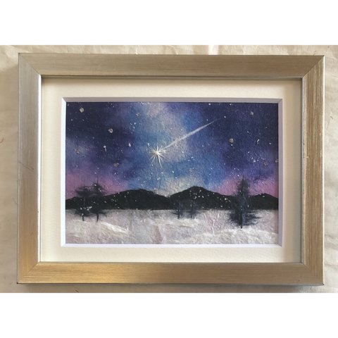 和紙ちぎり絵『雪原の流れ星』葉書サイズ原画