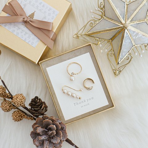 Pearl&Gold Xmas Gift Box  ［イヤーカフ・フォークリング3点セット］クリスマスコフレ  スペシャルギフト　コフレ