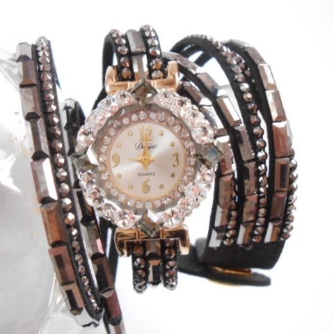 leather bracelet jewel watch ・Longtype・Black diamond
