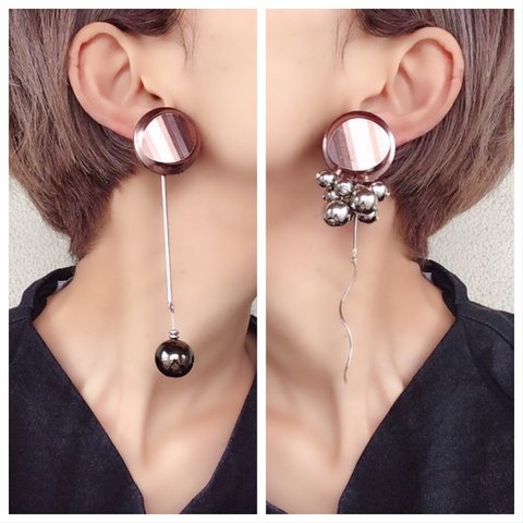 copper asymmetry . ステンレス ポスト ヴィンテージ ハンドメイド ピアス コッパー カボション シルバーボール タッセル シルバー うねうね ロング チューブ アシンメトリー