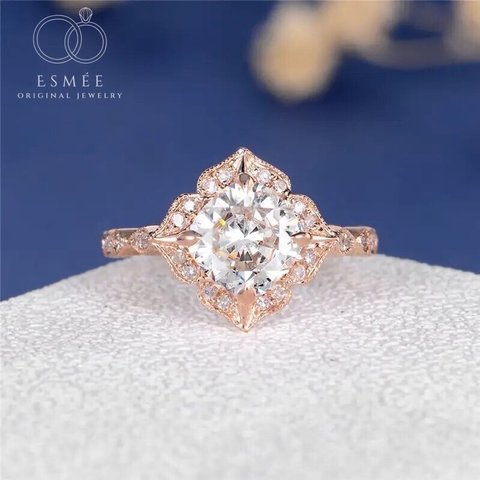 モアッサナイト フラワー K14 クッションカット 2ct キラキラ ラグジュアリー ゴージャス リング 結婚指輪 花