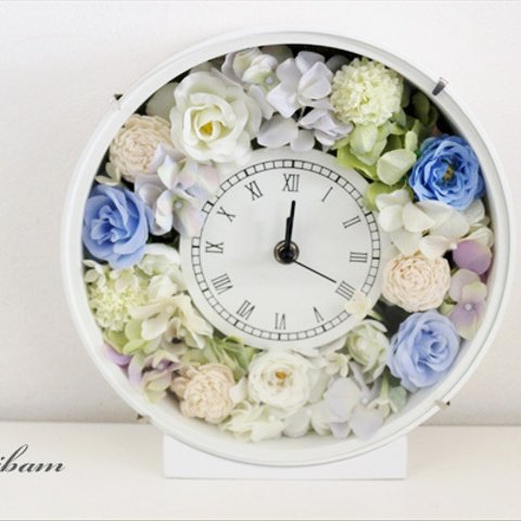 【受注制作】結婚式・結婚祝いに　花時計  ホワイトブルー系　薔薇　　フラワー時計