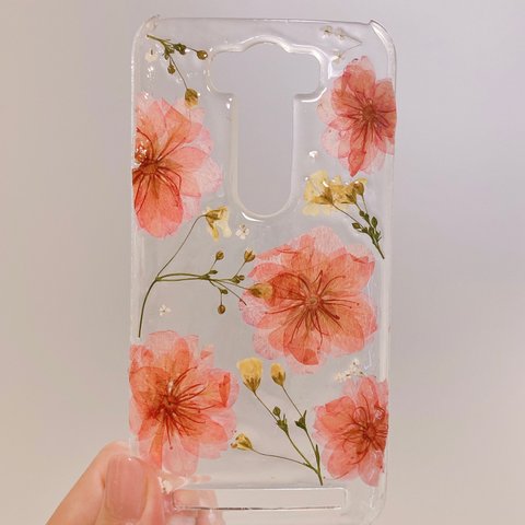 【全機種対応】桜とかすみ草の押し花スマホカバー♡iPhoneもAndroidもその他すべて