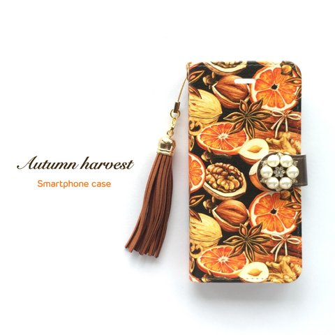 Autumn harvest タッセル&パールビジューつき 手帳型 スマホケース