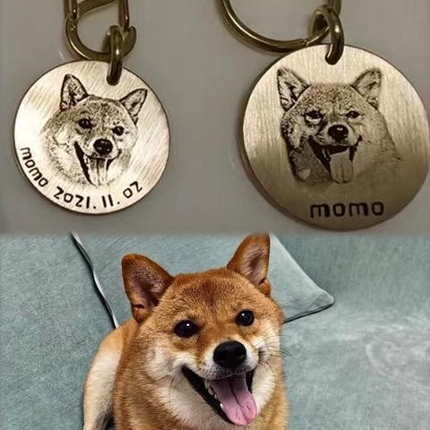 写真印刻入れの丸形の迷子札 ペット用　犬用　猫用　ペットの似顔絵　ネームプレート　ネームタグ　電話番号　名前入り　両面印刻　キーホルダー