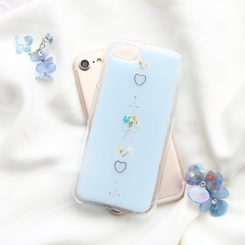 paleblueと小花♡   押し花iPhone13 スマホケース スマホカバー Android Galaxy Xperia 全機種 韓国  クリア