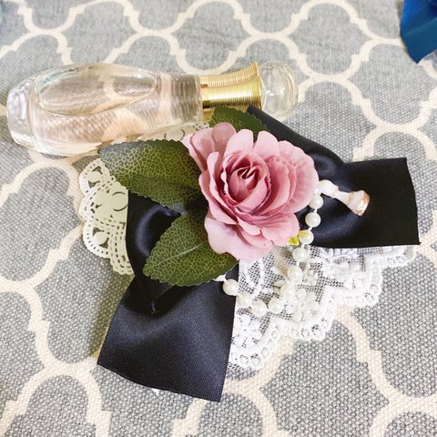 Rose💐とパールのPrincessバレッタ（Black）　ヘアアクセサリー　バックチャーム　発表会　結婚式