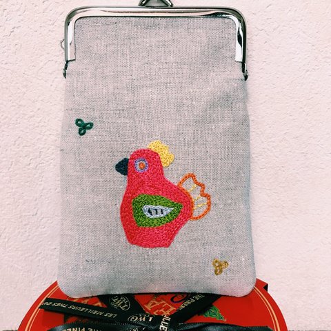 〈受注製作〉カラフルな鳥の休日(刺繍、がま口)