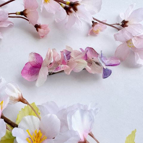  桜色🌸な本物の紫陽花 が咲く バレッタ 髪飾り ˚⊹ ⁺‧
