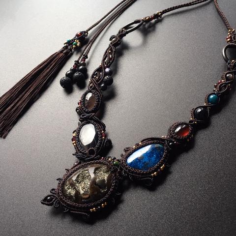 pyrite ammonite × azurite / bohemian necklace #マクラメネックレス＃