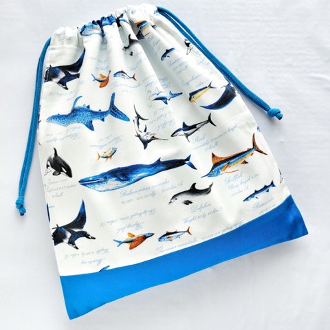 35×30  巾着　お着替え袋   海の生き物  さかな  サメ  クジラ