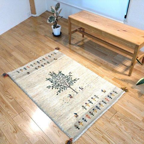 新規入荷】ペルシャ ギャッベ　玄関マット大　120x80cm　ライトグレー　アイボリー生命の木