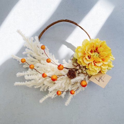 ｎｅｗ【 pampas dahlia orange wreath】パンパス ダリア オレンジ リース