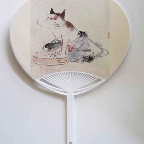 うちわ　浮世絵　歌川広重「猫の化粧」