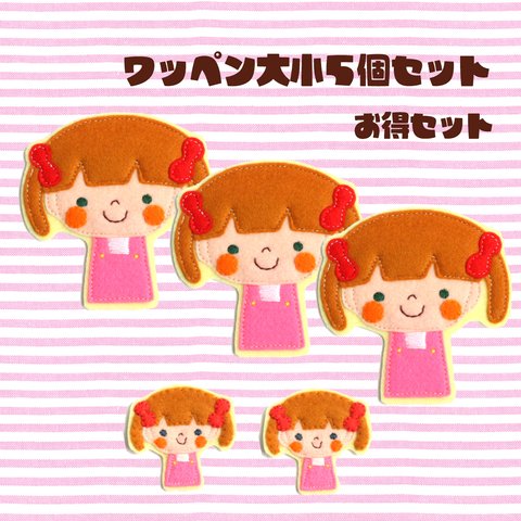 入園・入学準備に＊女の子フェルトワッペン大小５個セット割＊おしゃれで可愛い刺繍アップリケ♪名入れ　ブローチにも　送料無料