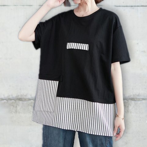 ブラック 半袖 トップス Tシャツ カットソー レディース 夏 切替 おしゃれ 大人 体型カバー きれいめ 可愛い お出かけ ゆったり