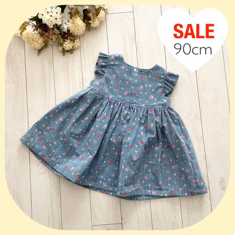 【SALE♡90cm】＊フリル袖ワンピース＊　ヒッコリーデニム×レトロフラワー　