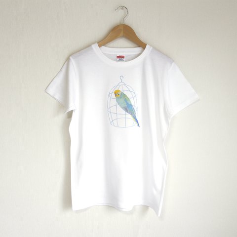 p-jet　カゴとセキセイインコ (レインボー) Tシャツ　/　鳥　インコ