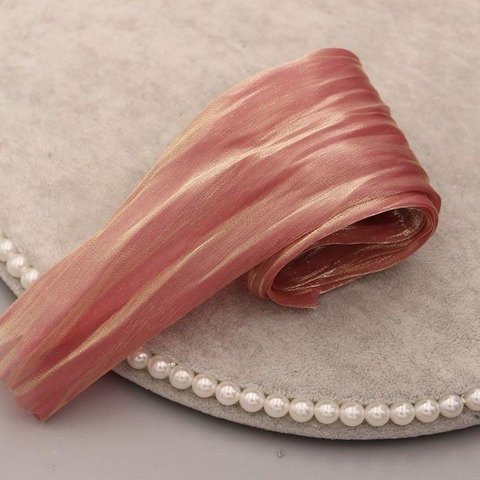 〈長さ:1M/幅70mm〉シャイニー　筒状リボン 二重織　ピーチ ピンク