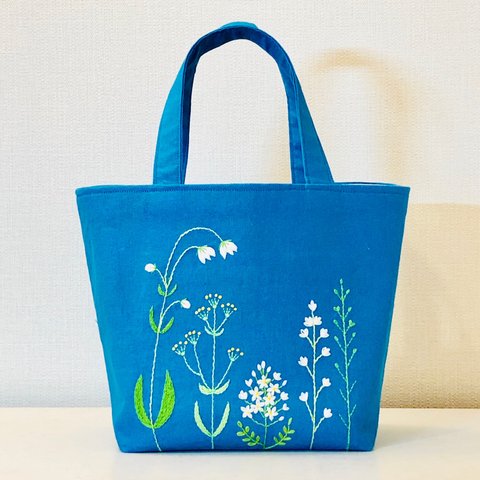 【特集掲載】刺繍 ミニ トート バッグ   ＜ターコイズブルー＞   差し色　トートバッグ 和装　着物