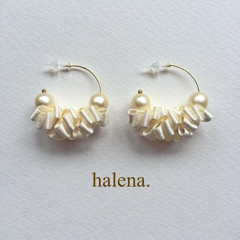 再販 【halena.】 リボンパールフープピアス  クリーム   /  パール リボン セレモニー 入学式 結婚式 プレゼント