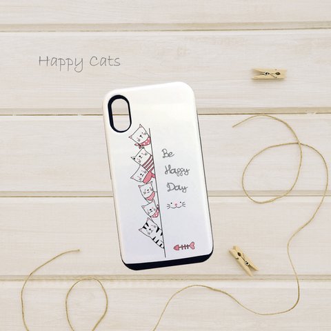 【ICカード収納 スライド型耐衝撃iPhoneケース】Happy Cats ★ iPhoneほぼ全機種対応スマホケース