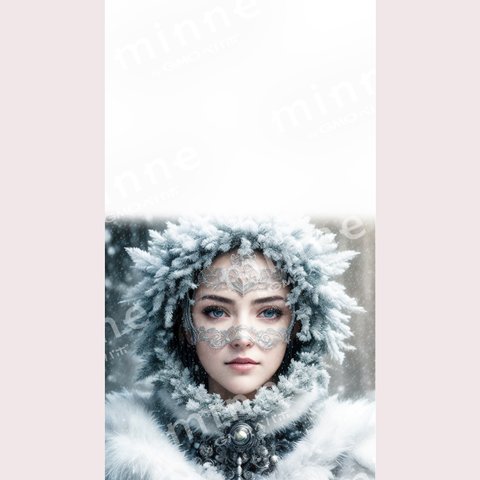 スマホ壁紙【サイバーパンクなクリスマス】リースのようなフード、装飾的な金属のネックレスの雪の中の女性