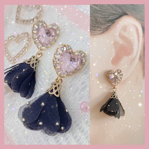 ハートビジューふんわりタッセルピアス ピンク×ブラック