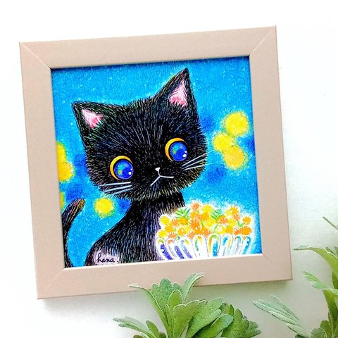 【原画】黒猫と花の器(額付き)　　