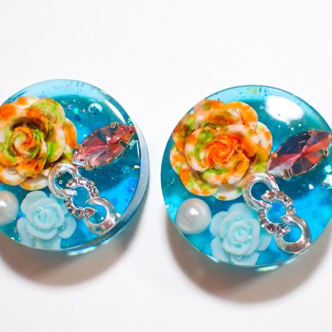 Ramune colorのピアス イヤリング レジン 薔薇 パール ビジュー 青