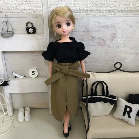 リカちゃん服♡袖ギャザーカットソー＆ウエストリボンスリットスカート♡大人リカちゃん