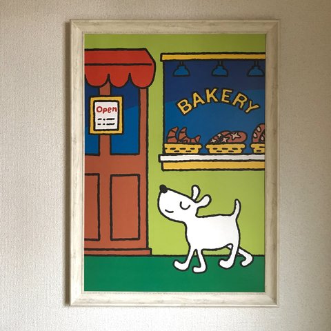 送料無料 ☆ Bakery ☆ A2 アートポスター パン屋さん　白犬