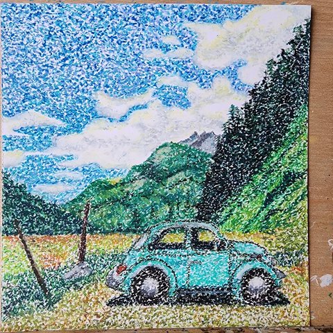 パステル画　風景画　ヴィンテージカー